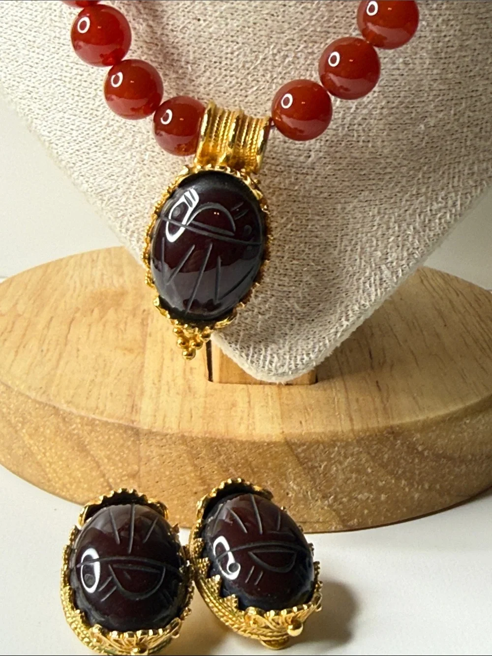 Vintage MMA Carnelian Bead Necklace earring Gold plate Scarab Egyptian revival⭐️ - Picture 1 of 17
